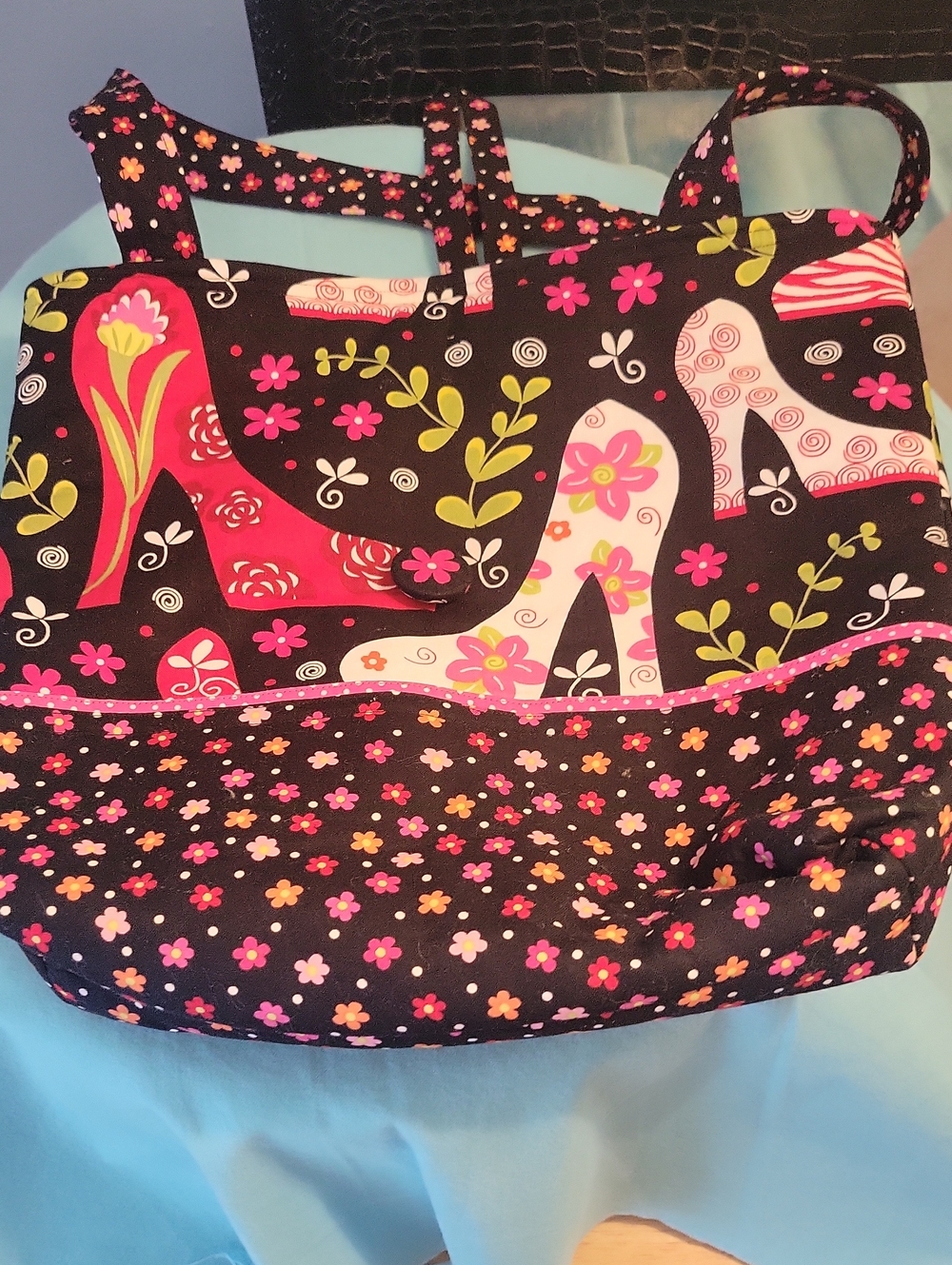 NWOT Handmade Black Floral High-Heel Print Tote Bag - Pink & Green Accents